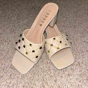 Andrew Stevens Studded Woven Block Heel Mules - Cream/Beige- Size 6